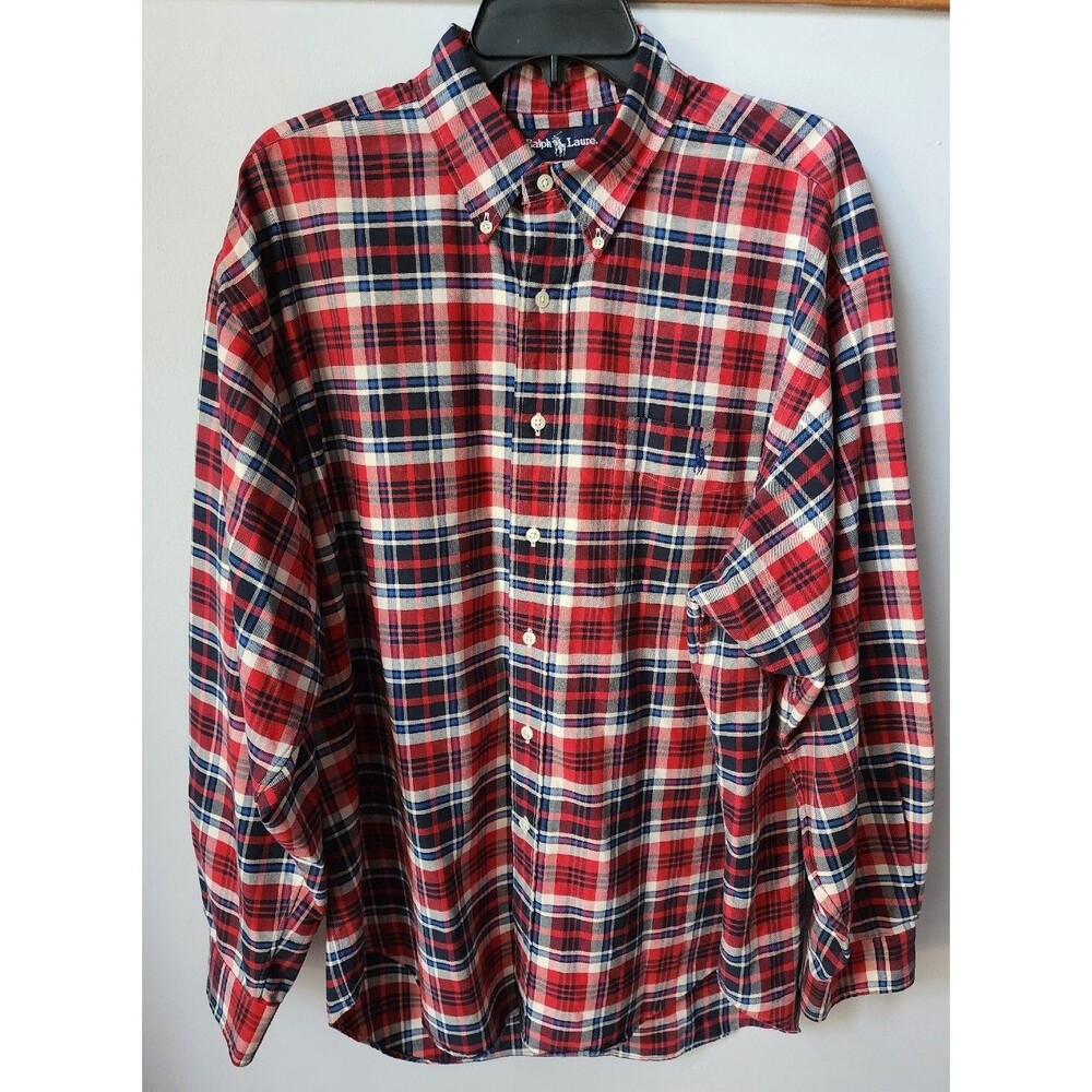 Polo Ralph Lauren Red Tartan Plaid Dress Shirt Mens Long Sleeve Big Shirt Size L